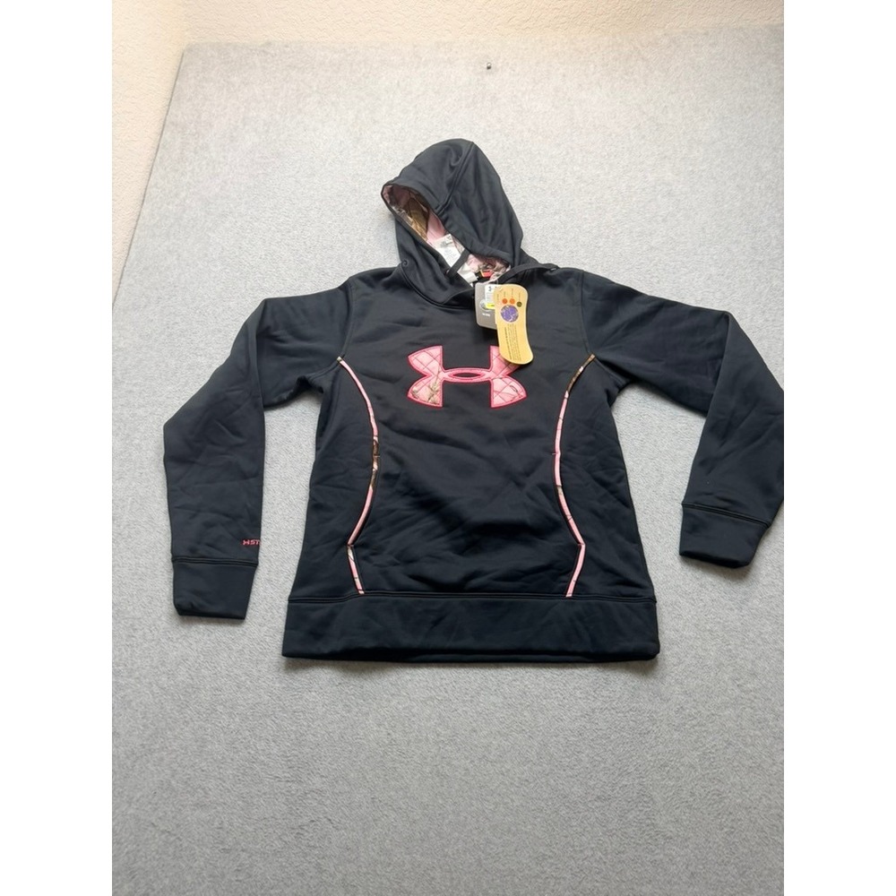 Under Armour ColdGear Womens Hoodie Black Pink Camo Logo Pullover Medium MD